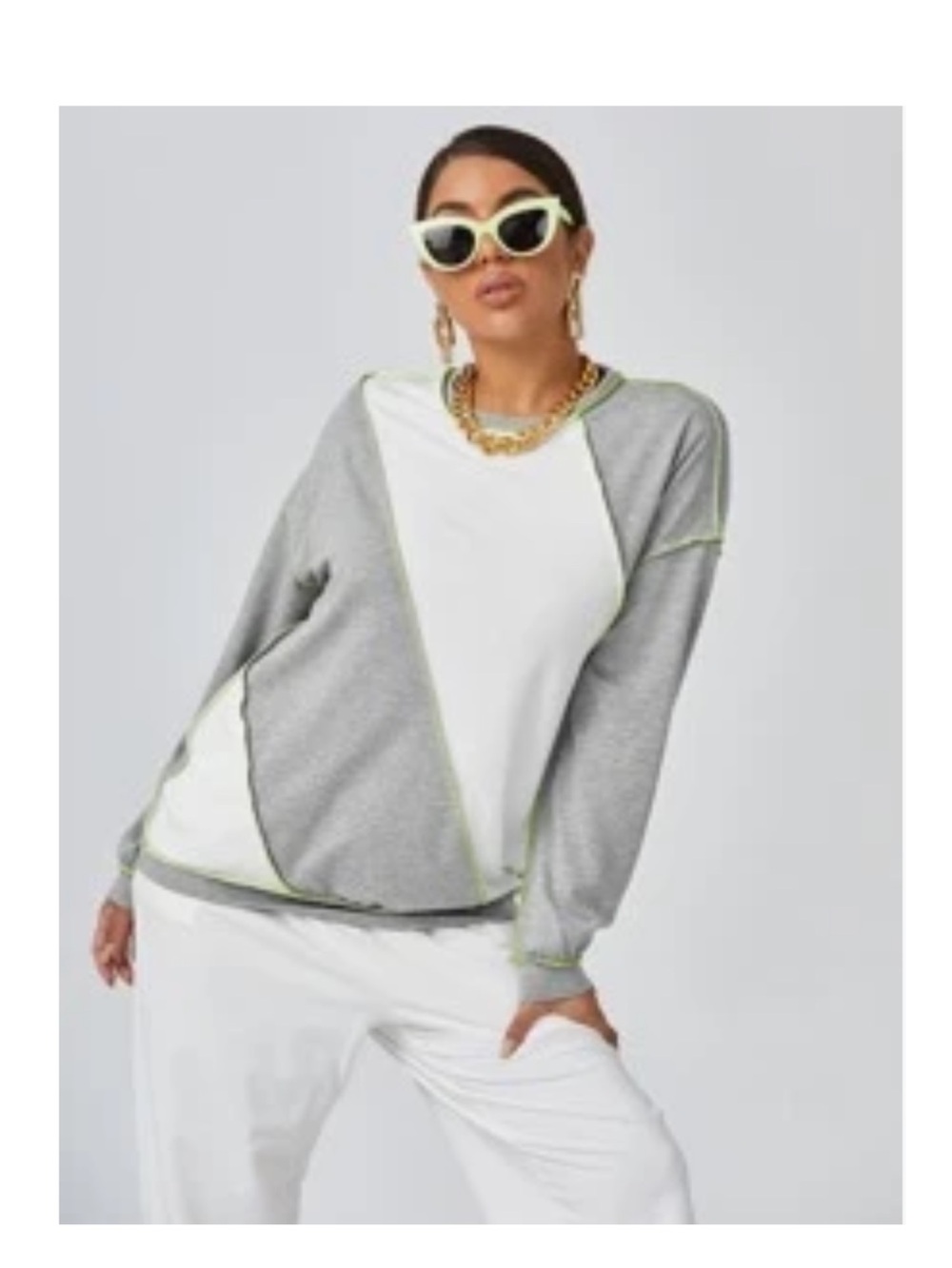 SHEIN Grey & White Colorblock Pullover with Contrast Stitching